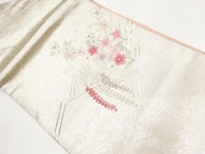 銀駒刺繍松皮菱に藤・草花模様名古屋帯